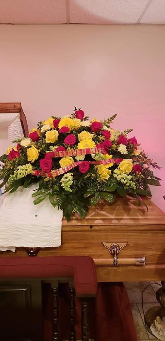 Funeral Casket Spray Red and Yellow Roses with Mix Flowers