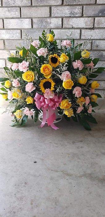 Funeral Basket Pink and Yellow Flowers . Filler , Greenery, Bow