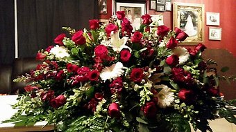 Casket Funeral Spray Red Roses With White Mix Flowers